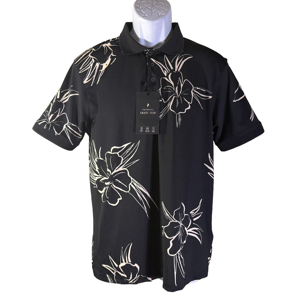 Cactus Man Polo Shirt Mens Large Black Floral Performance Smart-Tech NWT